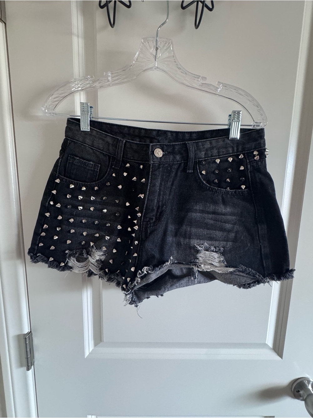 Black Studded Distressed Denim Shorts